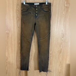 Free People Copper Brown Leather Laced Skinny Jeans Button Detail and Raw Hem
